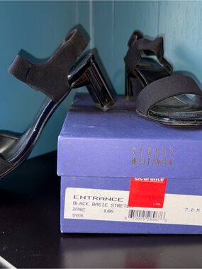 Stuart Weitzman Black Stretch Block Heel Sandals with Ankle Strap